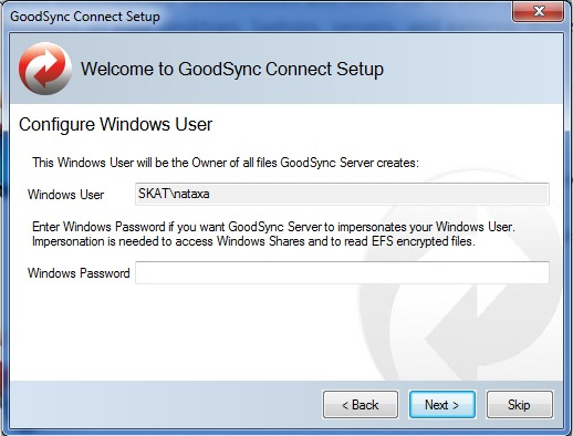 Enter your Windows Login Password to complete the GoodSync Connect setup process